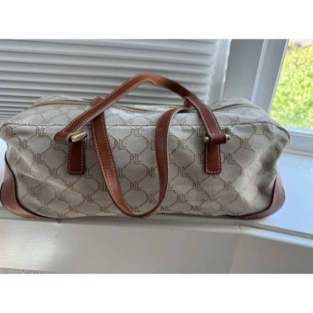 Vtg Women's Lauren Ralph Lauren Handbag All Pattern Beige Canvas Carmel Leather - Picture 3 of 8